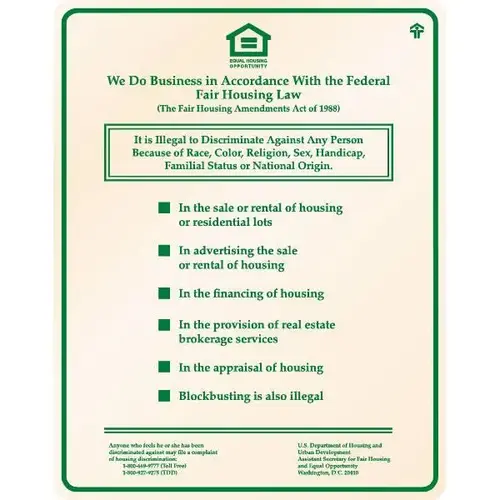 Fair Housing Sign, Green On Ivory, 11 X 14 Fair Housing Sign, Green On Ivory, 11 X 14