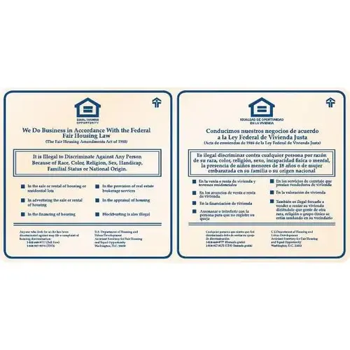 Bilingual Fair Housing Interior Sign, Blue On Ivory, 28 X 22 Bilingual Fair Housing Interior Sign, Blue On Ivory, 28 X 22