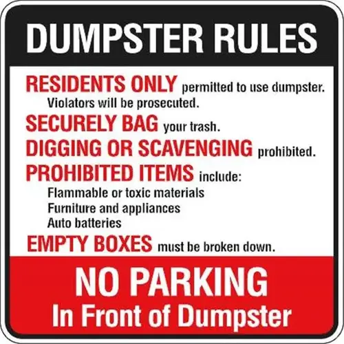Dumpster Rules Sign, Aluminum, Reflective, 24 X 24" Dumpster Rules Sign, Aluminum, Reflective, 24 X 24"