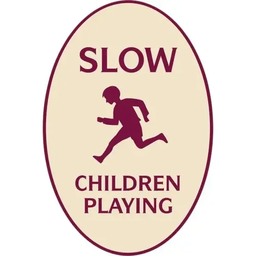 Slow/Children Playing Oval Designer Sign, Burgundy On Ivory, 12 X 18 Slow/Children Playing Oval Designer Sign, Burgundy On Ivory, 12 X 18