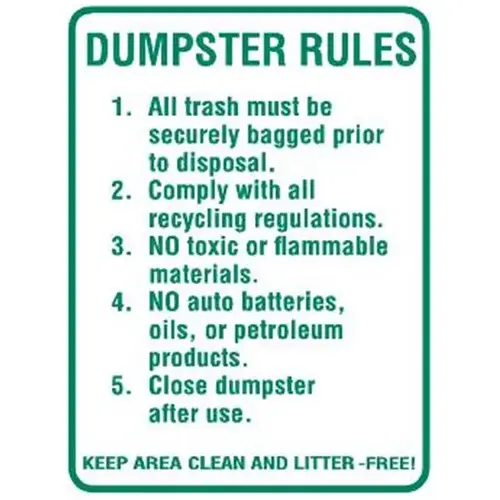 Dumpster Rules Sign, Reflective, 18 X 24 Dumpster Rules Sign, Reflective, 18 X 24