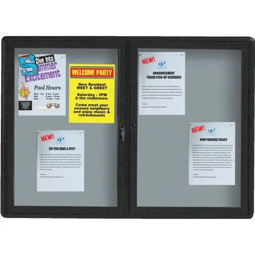 Enclosed Double Door Radius Design Bulletin Board, Wall Mount, Black, 47 X 34" Enclosed Double Door Radius Design Bulletin Board, Wall Mount, Black, 47 X 34"