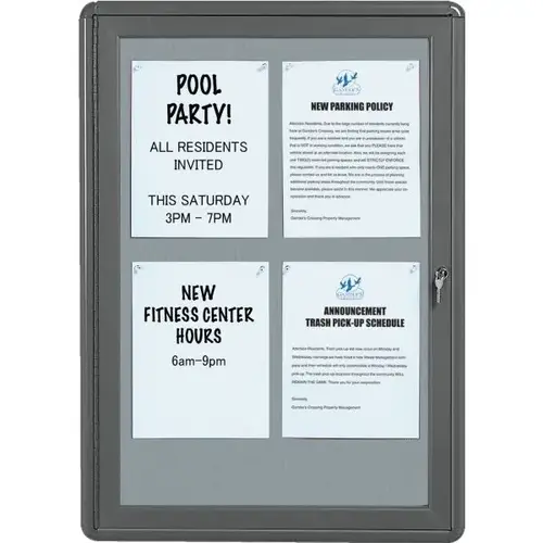 Enclosed Single Door Radius Design Bulletin Board, Wall Mount, Gray, 24 X 34" Enclosed Single Door Radius Design Bulletin Board, Wall Mount, Gray, 24 X 34"