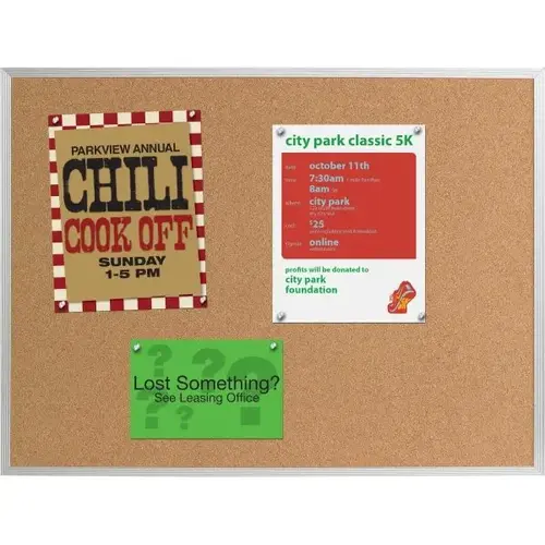 Indoor Cork Bulletin Board, Wall Mount, Aluminum, 18 X 24" Indoor Cork Bulletin Board, Wall Mount, Aluminum, 18 X 24"