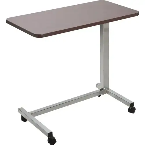 Spring Loaded Overbed Table, Chrome U-Base, Mohagany Top, 28-45" Height Figured Mahogany Spring Loaded Overbed Table, Chrome U-Base, Mohagany Top, 28-45" Height Figured Mahogany
