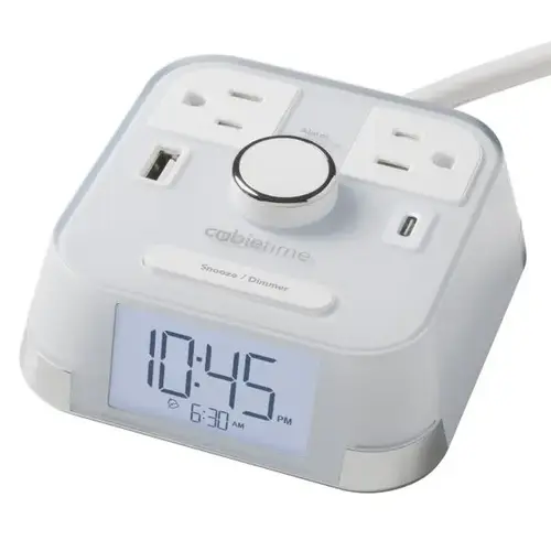 Cubietime 2.0 White Alarm Clock With 2 Power Outlets And 2 Usb Ports Cubietime 2.0 White Alarm Clock With 2 Power Outlets And 2 Usb Ports