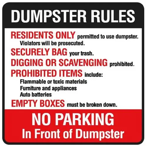 Dumpster Rules Magnetic Sign, Reflective, 24 X 24 Dumpster Rules Magnetic Sign, Reflective, 24 X 24