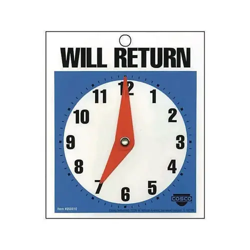 Double-Sided Open/Will Return Sign With Clock Hands Plastic 7.5x9 Double-Sided Open/Will Return Sign With Clock Hands Plastic 7.5x9