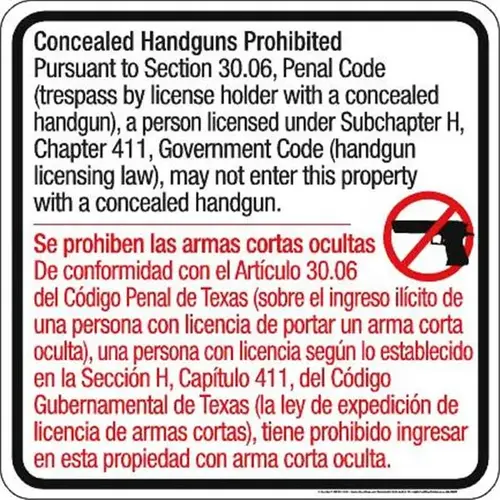 Texas Concealed Carry Sign - Non Reflective Aluminum, 24 X 24 Texas Concealed Carry Sign - Non Reflective Aluminum, 24 X 24