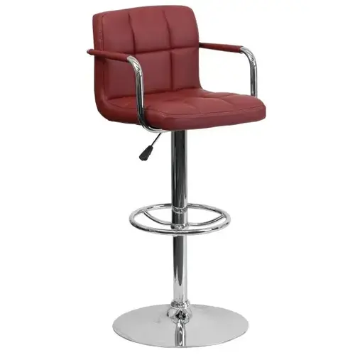 Burgundy Quilted Vinyl Adjustable Height Bar Stool With Arms And Chrome Base Burgundy Quilted Vinyl Adjustable Height Bar Stool With Arms And Chrome Base