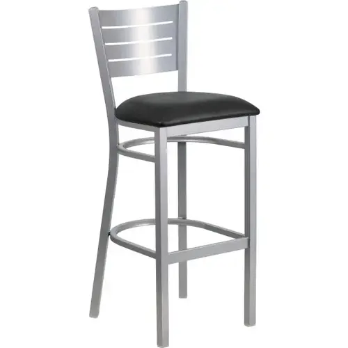 Hercules Series Silver Slat Back Metal Restaurant Bar Stool Black Vinyl Seat Hercules Series Silver Slat Back Metal Restaurant Bar Stool Black Vinyl Seat