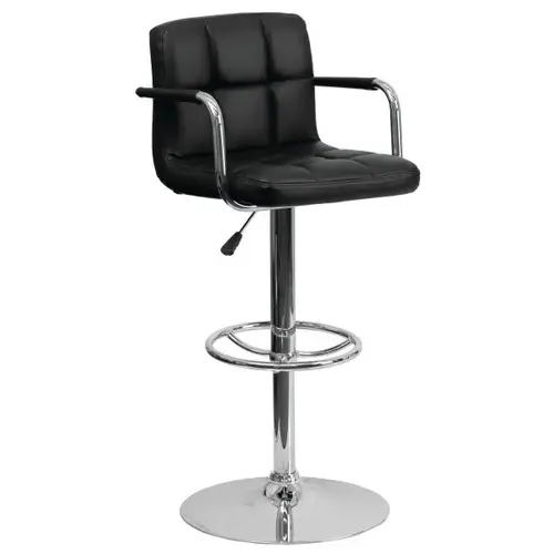 Black Quilted Vinyl Adjustable Height Bar Stool With Arms And Chrome Base Black Quilted Vinyl Adjustable Height Bar Stool With Arms And Chrome Base