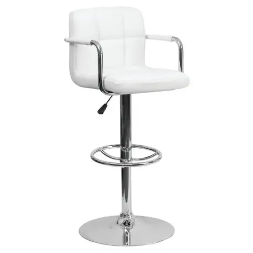 White Quilted Vinyl Adjustable Height Bar Stool With Arms And Chrome Base White Quilted Vinyl Adjustable Height Bar Stool With Arms And Chrome Base