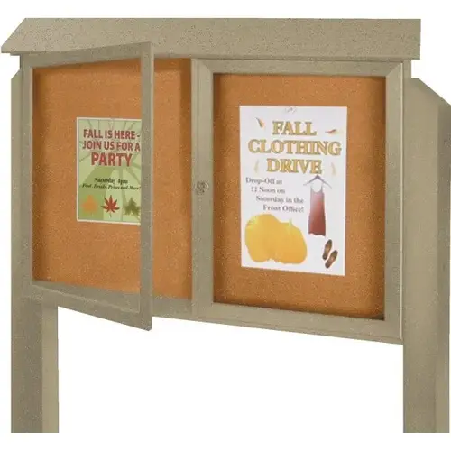 Enclosed Double Door Corkboard, Post Mount, Weathered Wood, 45" X 3 ft6" Enclosed Double Door Corkboard, Post Mount, Weathered Wood, 45" X 3 ft6"