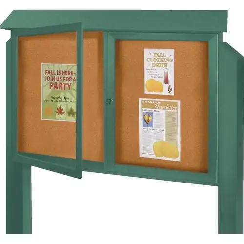 Enclosed Double Door Corkboard, Post Mount, Green, 45" X 30" Enclosed Double Door Corkboard, Post Mount, Green, 45" X 30"