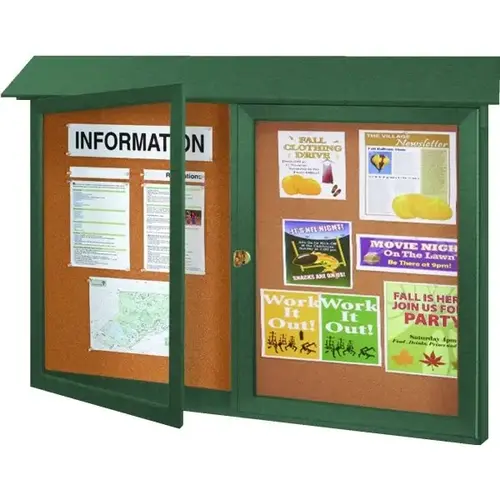 Enclosed Double Door Indoor Corkboard, Wall Mount, Woodland Green, 45" X 3 ft Enclosed Double Door Indoor Corkboard, Wall Mount, Woodland Green, 45" X 3 ft