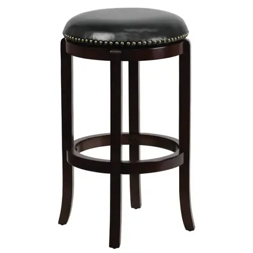 29" Backless Cappuccino Wood Barstool With Black Leather Swivel Seat 29" Backless Cappuccino Wood Barstool With Black Leather Swivel Seat