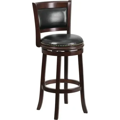 29 Cappuccino Wood Barstool With Black Leather Swivel Seat 29 Cappuccino Wood Barstool With Black Leather Swivel Seat
