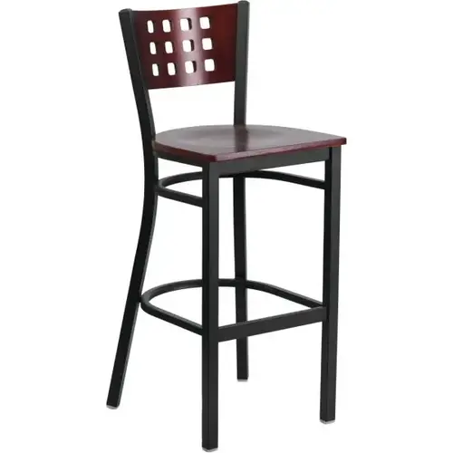 Hercules Series Black Decorative Cutout Mahogany Back Metal Barstool Hercules Series Black Decorative Cutout Mahogany Back Metal Barstool