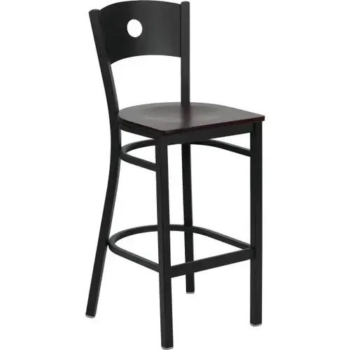 Hercules Series Black Circle Back Metal Barstool Mahogany Wood Seat Hercules Series Black Circle Back Metal Barstool Mahogany Wood Seat