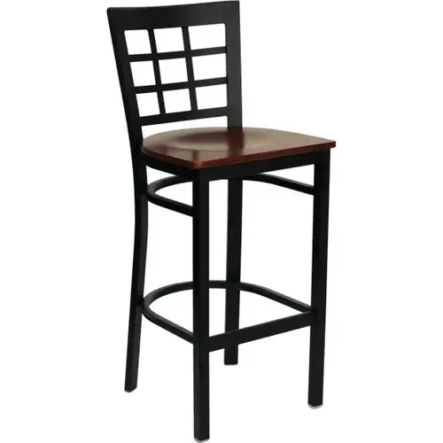 Hercules Series Black Window Back Metal Barstool Mahogany Wood Seat Hercules Series Black Window Back Metal Barstool Mahogany Wood Seat