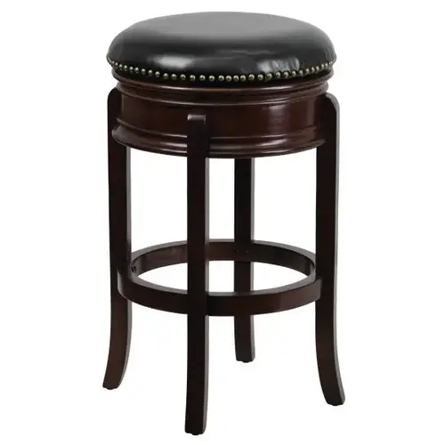 29" Backless Cappuccino Wood Barstool With Black Leather Swivel Seat, Wood Band 29" Backless Cappuccino Wood Barstool With Black Leather Swivel Seat, Wood Band