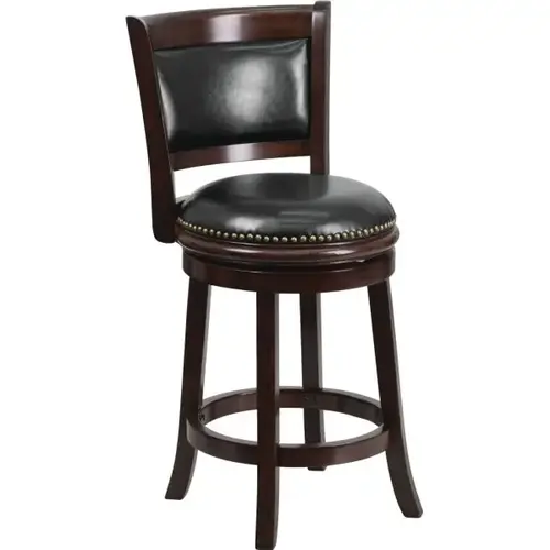 24" Cappuccino Wood Counter Height Stool With Black Leather Swivel Seat 24" Cappuccino Wood Counter Height Stool With Black Leather Swivel Seat
