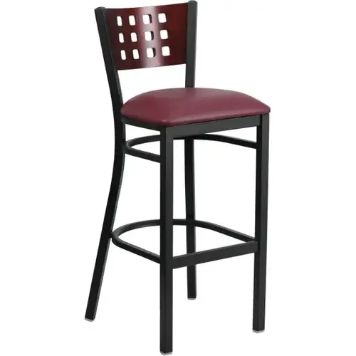 Hercules Series Black Cutout Mahogany Back Metal Barstool Burgundy Vinyl Seat Hercules Series Black Cutout Mahogany Back Metal Barstool Burgundy Vinyl Seat