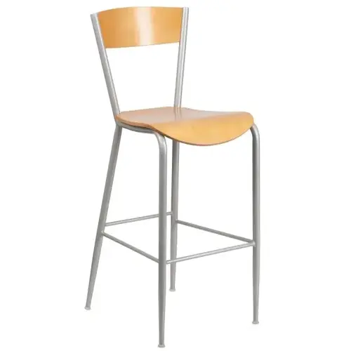 Invincible Series Metal Barstool Natural Wood Back And Seat Silver Invincible Series Metal Barstool Natural Wood Back And Seat Silver
