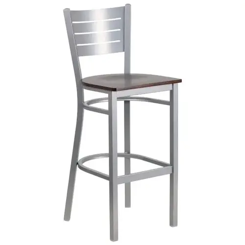 Hercules Series Silver Slat Back Metal Barstool Walnut Wood Seat Hercules Series Silver Slat Back Metal Barstool Walnut Wood Seat