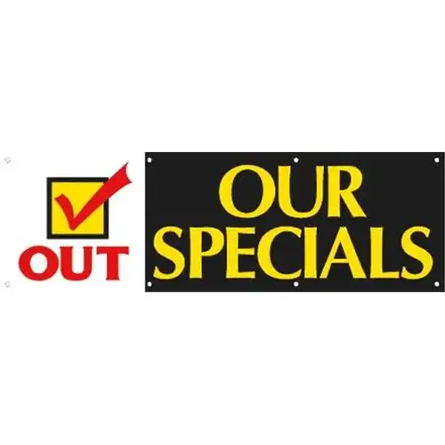 Horizontal 10 ft X 3 ft Banner , "Check Mark Out Our Specials" Horizontal 10 ft X 3 ft Banner , "Check Mark Out Our Specials"