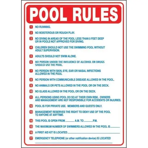 "Pool Rules" Sign, Polyethylene, 19" X 27" - pack of 5 "Pool Rules" Sign, Polyethylene, 19" X 27" - pack of 5