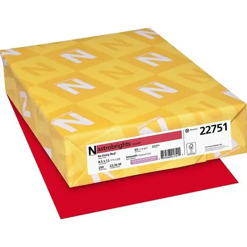 Color Cardstock 8.5x11 65lb Basis Weight Reentry Red - pack of 250 Color Cardstock 8.5x11 65lb Basis Weight Reentry Red - pack of 250