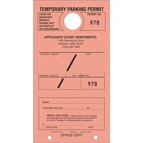Personalized Temporary Parking Tags, Salmon, 4-1/4 X 7-3/4 - pack of 100 Personalized Temporary Parking Tags, Salmon, 4-1/4 X 7-3/4 - pack of 100