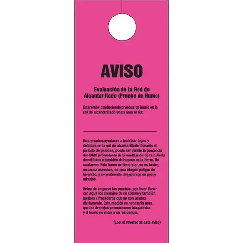Doorknob Cards Spanish Only Smoke Testing Sewers - pack of 100 Doorknob Cards Spanish Only Smoke Testing Sewers - pack of 100