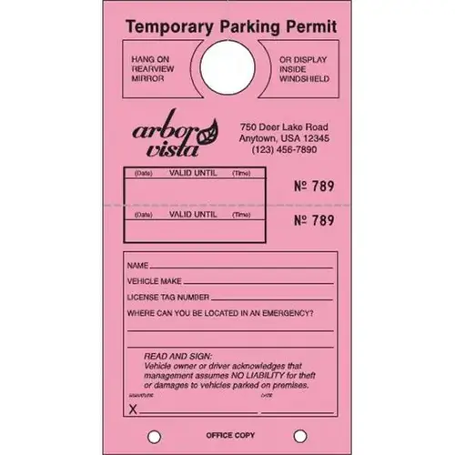 Temporary Parking Tag, Large Instructions, Pink, 4-1/4 X 7-3/4 - pack of 100 Temporary Parking Tag, Large Instructions, Pink, 4-1/4 X 7-3/4 - pack of 100