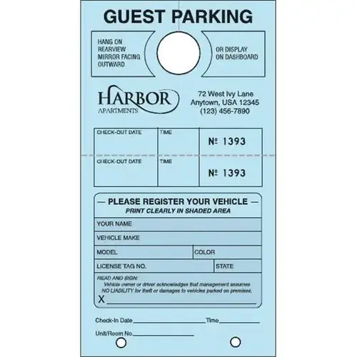 Temporary Parking Tags, Guest Parking, Blue, 4-1/4 X 7-3/4 - pack of 100 Temporary Parking Tags, Guest Parking, Blue, 4-1/4 X 7-3/4 - pack of 100