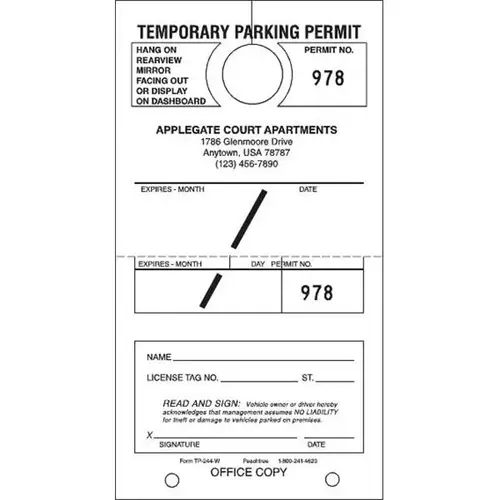 Personalized Temporary Parking Tags, White, 4-1/4 X 7-3/4 - pack of 100 Personalized Temporary Parking Tags, White, 4-1/4 X 7-3/4 - pack of 100