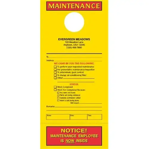 Maintenance Door Tags, Yellow With Stub, 4-1/4 X 9-1/4" - pack of 100 Maintenance Door Tags, Yellow With Stub, 4-1/4 X 9-1/4" - pack of 100
