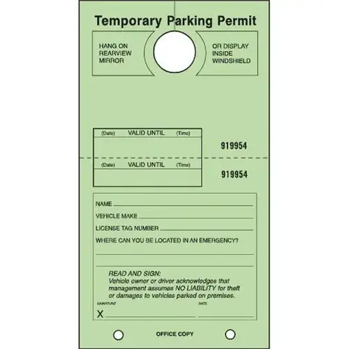 Temporary Parking Tag, Large Instructions, Green, 4-1/4x7-3/4 - pack of 100 Temporary Parking Tag, Large Instructions, Green, 4-1/4x7-3/4 - pack of 100