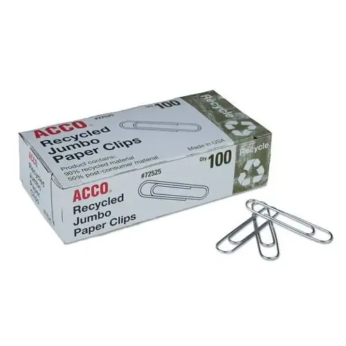Recycled Paper Clips, Jumbo, Smooth, Silver, 100 Clips/Box - pack of 10 Recycled Paper Clips, Jumbo, Smooth, Silver, 100 Clips/Box - pack of 10