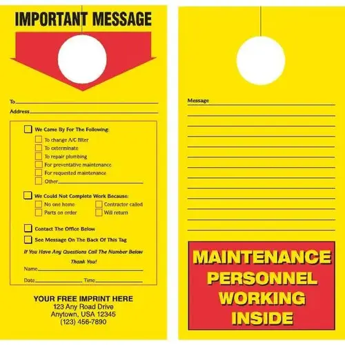 Two-Sided Maintenance Door Tags, Yellow Version B - pack of 100 Two-Sided Maintenance Door Tags, Yellow Version B - pack of 100