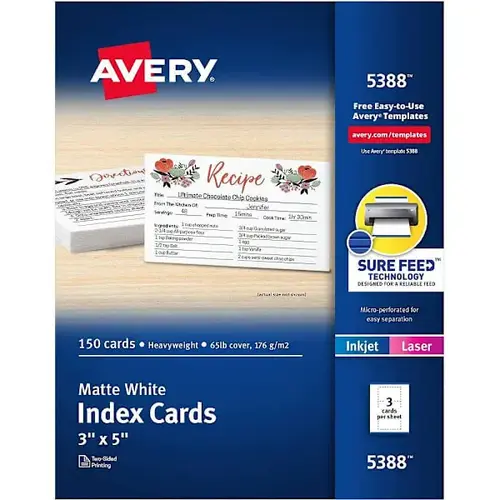 Inkjet/Laser Index Cards 3" X 5" Heavyweight Matte White - pack of 150 Inkjet/Laser Index Cards 3" X 5" Heavyweight Matte White - pack of 150