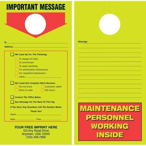Two-Sided Maintenance Door Tags, Lime Green, 4-11/4 X 8-1/4" - pack of 100 Two-Sided Maintenance Door Tags, Lime Green, 4-11/4 X 8-1/4" - pack of 100