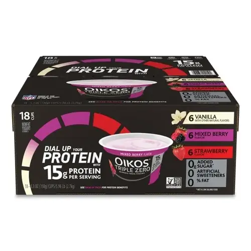 Triple Zero Blend Greek Nonfat Yogurt 5.3 Oz Cups Strawberry/Mixed Berry/Vanilla - pack of 18 Triple Zero Blend Greek Nonfat Yogurt 5.3 Oz Cups Strawberry/Mixed Berry/Vanilla - pack of 18