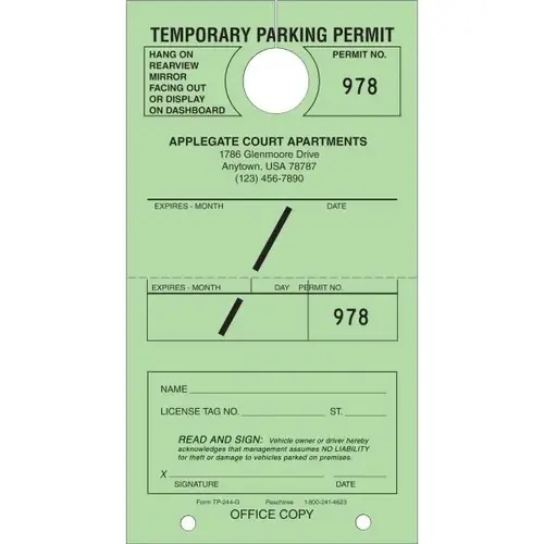Personalized Temporary Parking Tags, Green, 4-1/4 X 7-3/4 - pack of 100 Personalized Temporary Parking Tags, Green, 4-1/4 X 7-3/4 - pack of 100