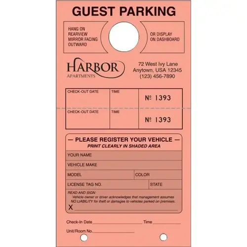 Temporary Guest Parking Tags, Salmon, 4-1/4 X 7-3/4 - pack of 100 Temporary Guest Parking Tags, Salmon, 4-1/4 X 7-3/4 - pack of 100
