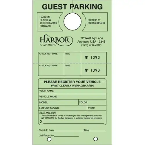 Guest Parking Tags, Green, 4-1/4 X 7-3/4 - pack of 100 Guest Parking Tags, Green, 4-1/4 X 7-3/4 - pack of 100