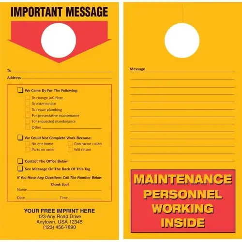 Maintenance Door Tags, Bright Orange, 4-1/4" X 8-1/2" - pack of 100 Maintenance Door Tags, Bright Orange, 4-1/4" X 8-1/2" - pack of 100