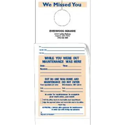 2-Part Maintenance Door Tags, We Missed You, 4-1/4 X 9 - pack of 100 2-Part Maintenance Door Tags, We Missed You, 4-1/4 X 9 - pack of 100